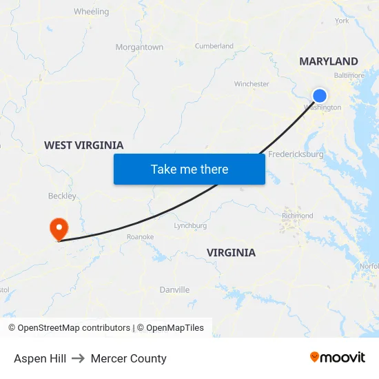 Aspen Hill to Mercer County map