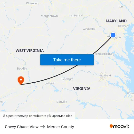Chevy Chase View to Mercer County map