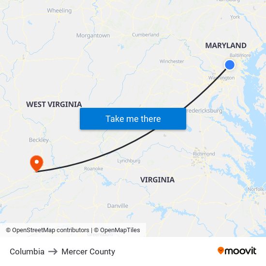 Columbia to Mercer County map