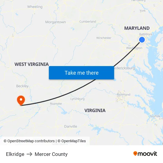 Elkridge to Mercer County map