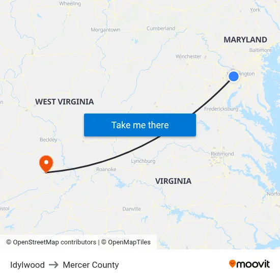 Idylwood to Mercer County map