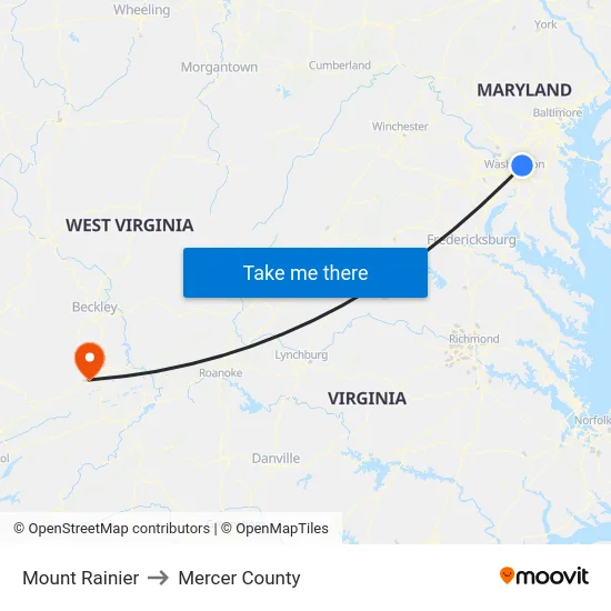 Mount Rainier to Mercer County map