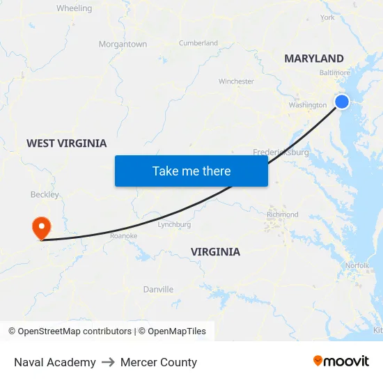 Naval Academy to Mercer County map