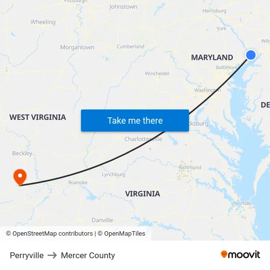 Perryville to Mercer County map