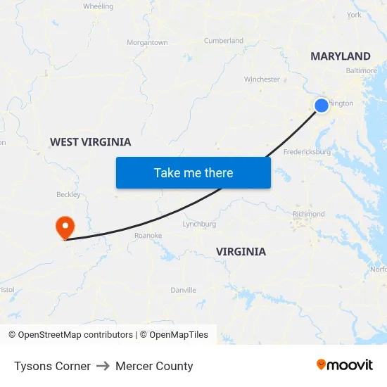 Tysons Corner to Mercer County map
