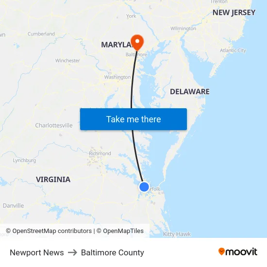 Newport News to Baltimore County map