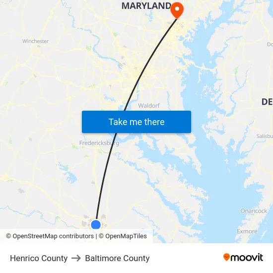 Henrico County to Baltimore County map