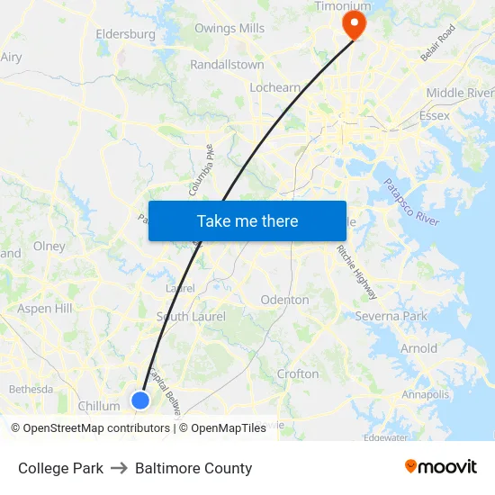 College Park to Baltimore County map