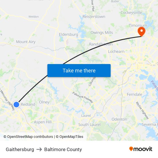 Gaithersburg to Baltimore County map