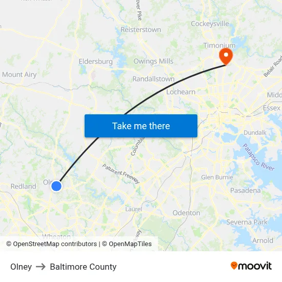 Olney to Baltimore County map