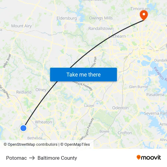 Potomac to Baltimore County map