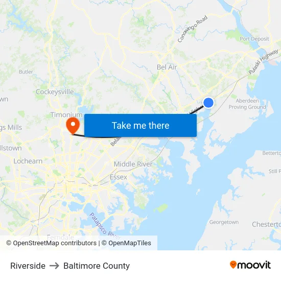 Riverside to Baltimore County map