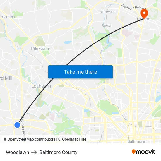 Woodlawn to Baltimore County map