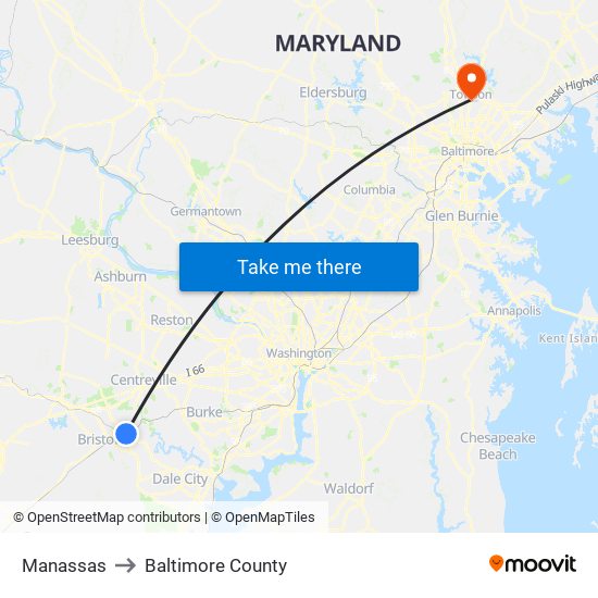 Manassas to Baltimore County map