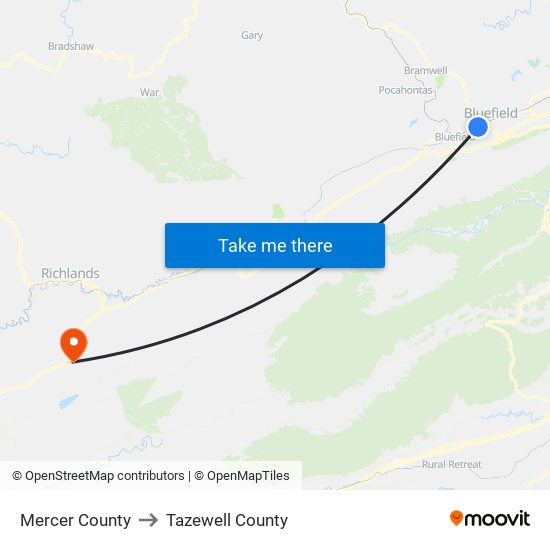 Mercer County to Tazewell County map