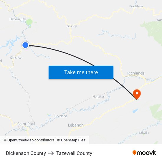 Dickenson County to Tazewell County map