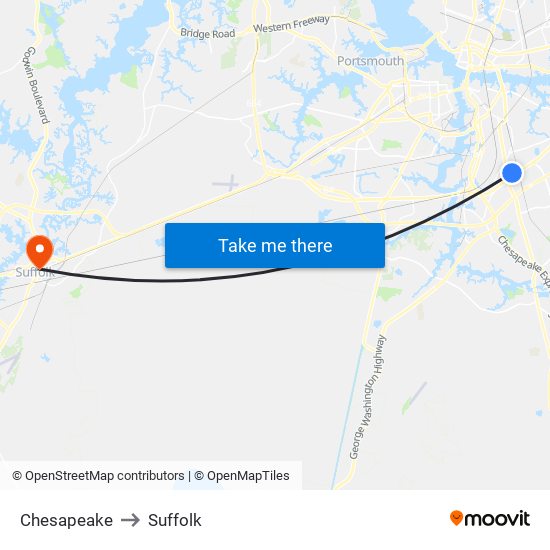 Chesapeake to Suffolk map