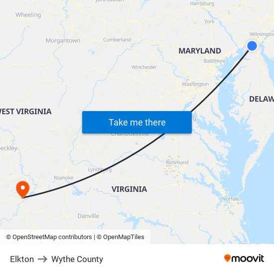 Elkton to Wythe County map