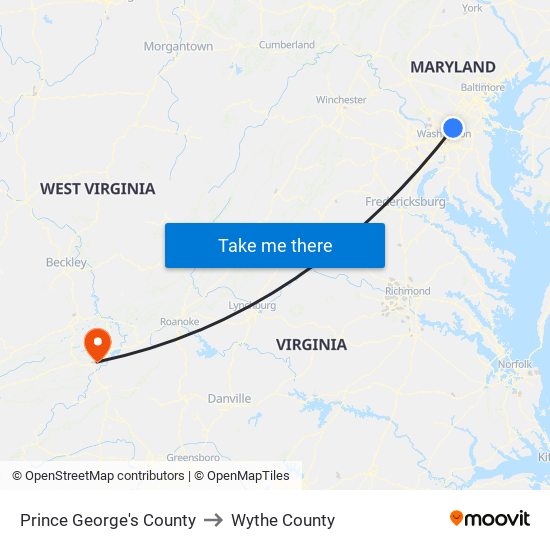 Prince George's County to Wythe County map