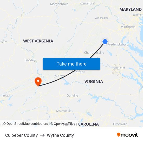 Culpeper County to Wythe County map