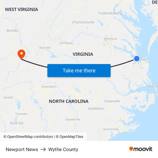 Newport News to Wythe County map