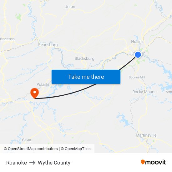 Roanoke to Wythe County map