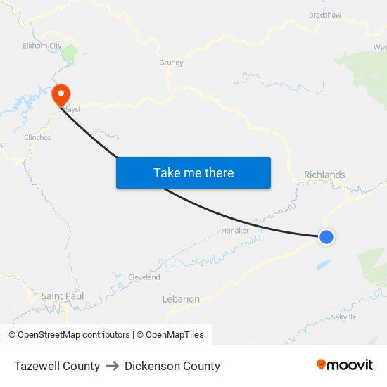 Tazewell County to Dickenson County map