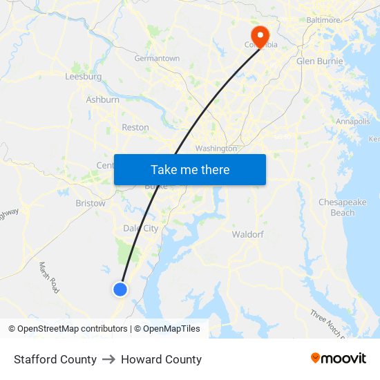 Stafford County to Howard County map