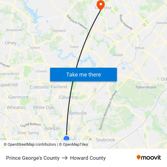 Prince George's County to Howard County map
