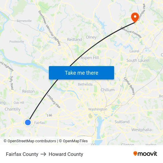 Fairfax County to Howard County map