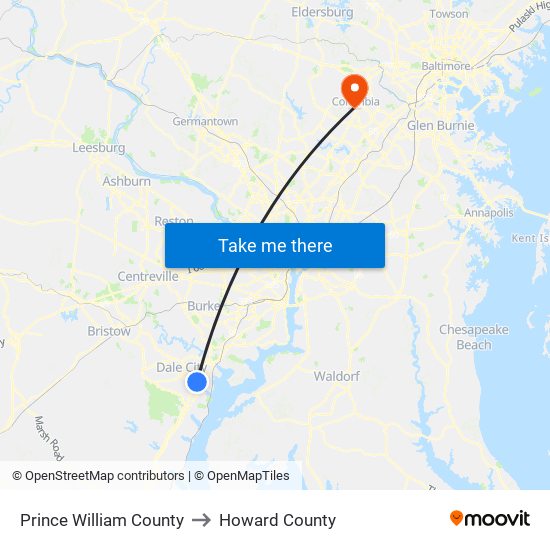 Prince William County to Howard County map