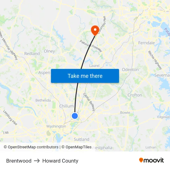 Brentwood to Howard County map