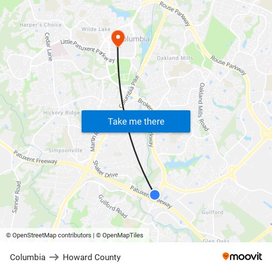 Columbia to Howard County map