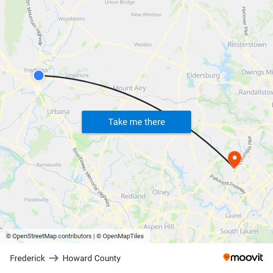 Frederick to Howard County map