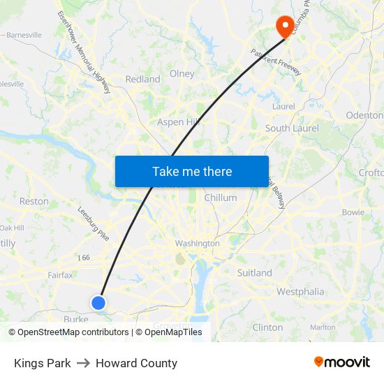 Kings Park to Howard County map