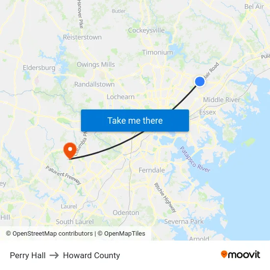 Perry Hall to Howard County map