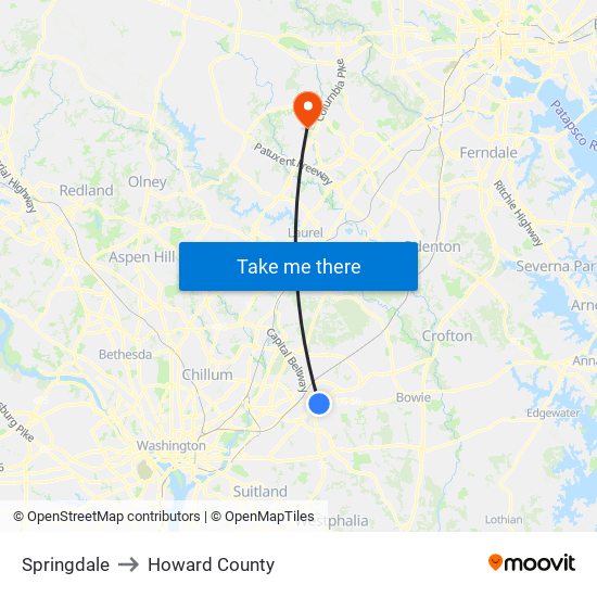 Springdale to Howard County map