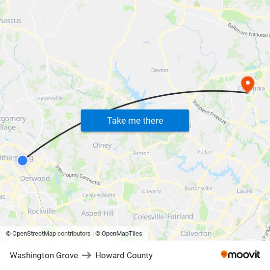 Washington Grove to Howard County map