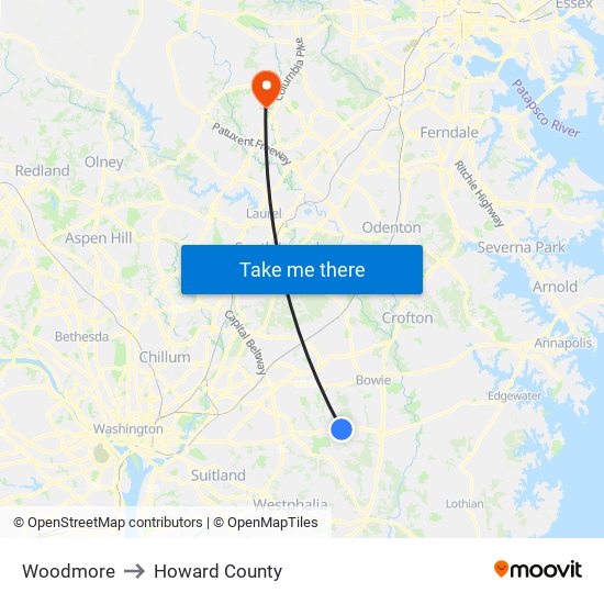Woodmore to Howard County map