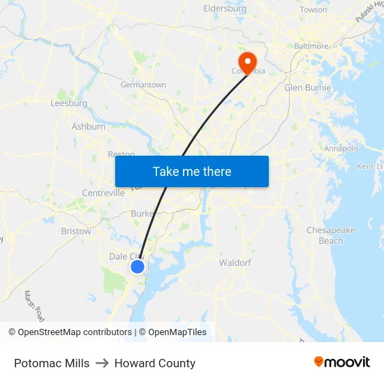 Potomac Mills to Howard County map