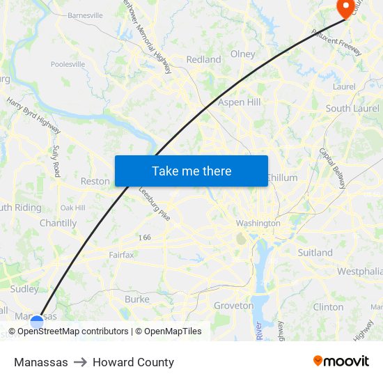 Manassas to Howard County map