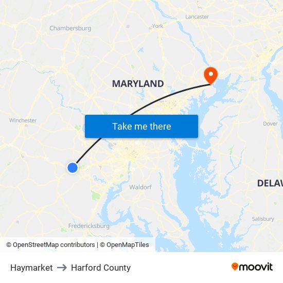 Haymarket to Harford County map