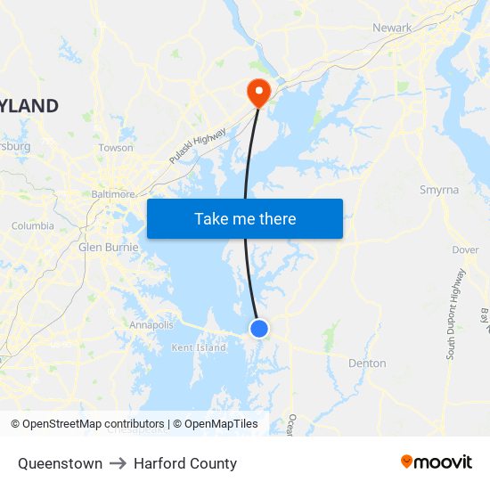 Queenstown to Harford County map