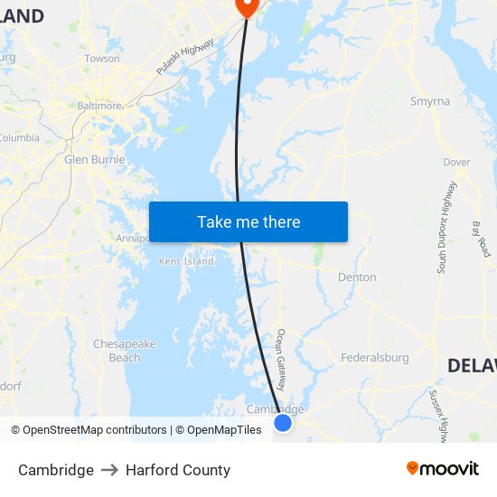 Cambridge to Harford County map