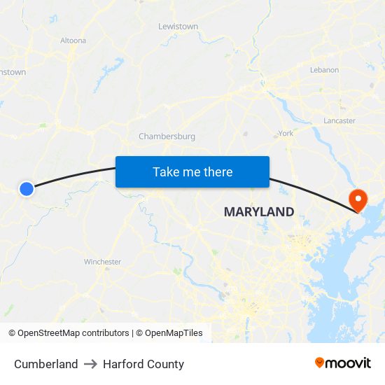 Cumberland to Harford County map