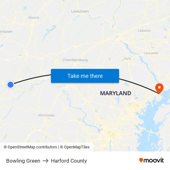 Bowling Green to Harford County map