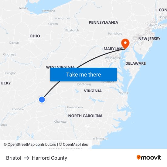 Bristol to Harford County map