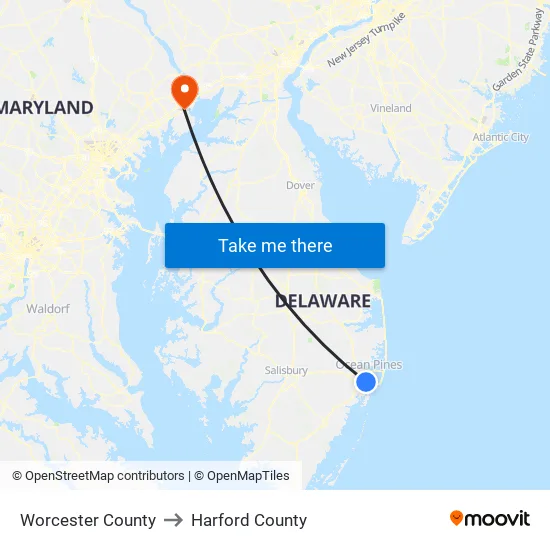 Worcester County to Harford County map