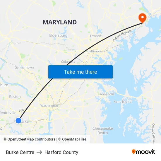 Burke Centre to Harford County map