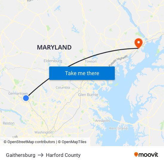 Gaithersburg to Harford County map